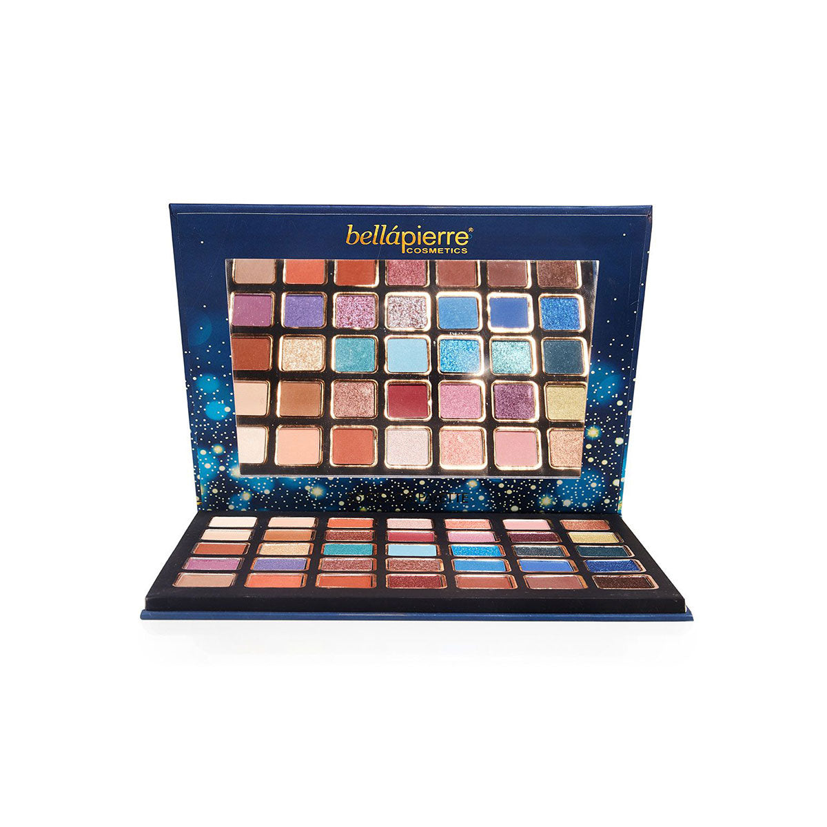 Overzicht van de 35 "All Star" kleuren van Bellapierre, van diepe aardetinten tot sprankelende highlights, geschikt voor elke oogkleur.