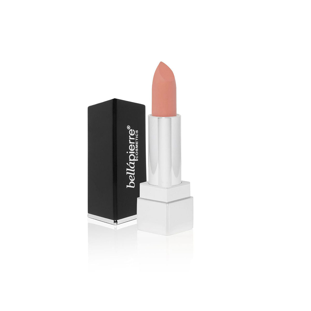 Close-up van de Bellapierre Matte Incognito Lipstick textuur, geformuleerd met natuurlijke waxen en minerale pigmenten voor een matte look.