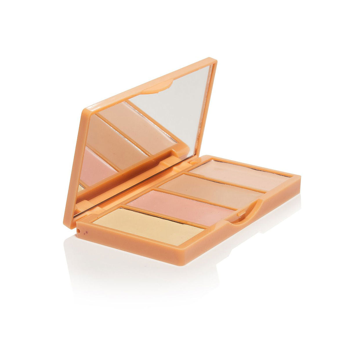 Close-up van de verschillende kleuren in het Bellapierre Universal Concealer Palette: groen, lila en huidtinten voor een vlekkeloze basis.
