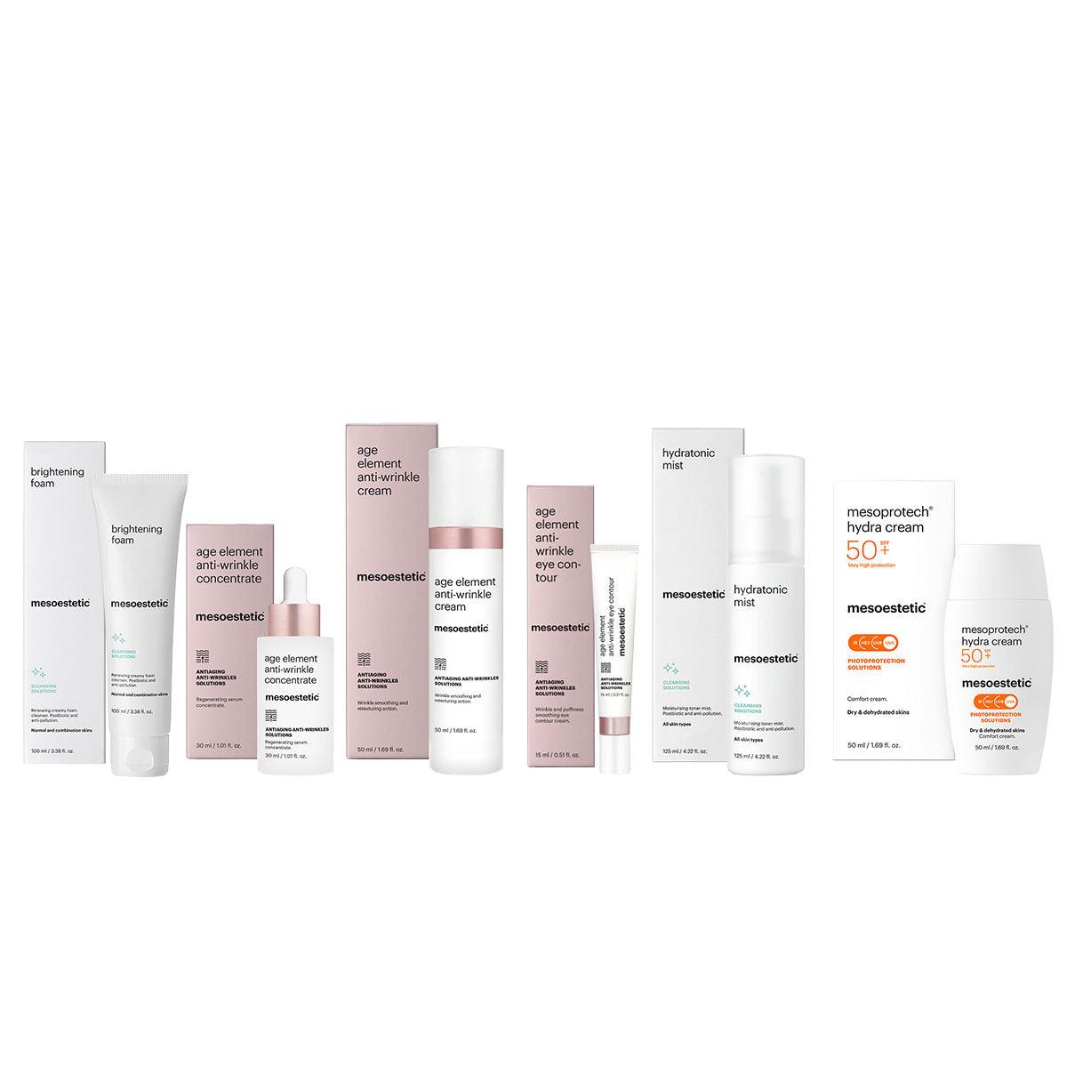 Mesoestetic verzorgingspakket voor de verouderde huid bij Schoonheidsinstituut Très Belle tegen rimpels en verslapping.