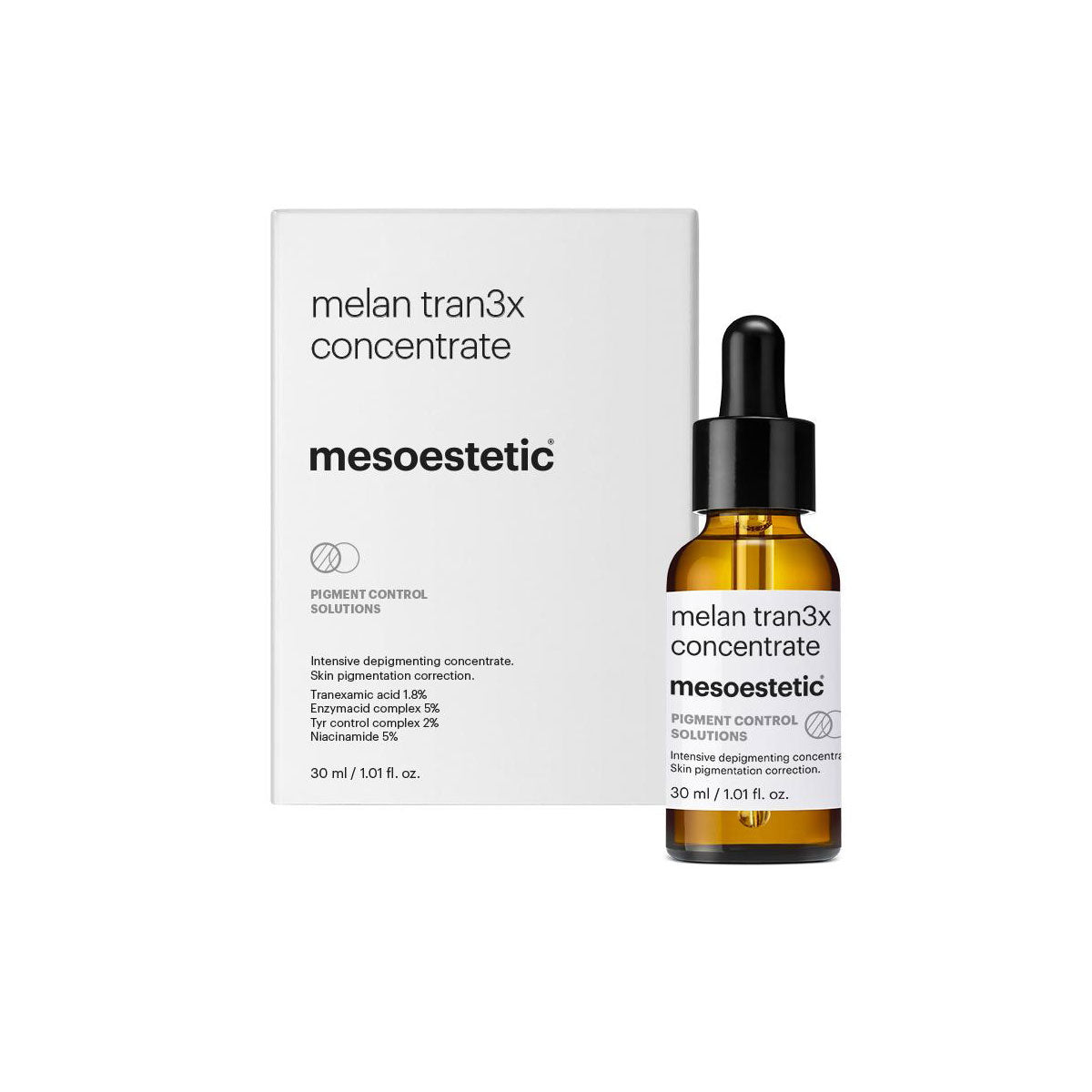 Het mesoestetic Melan Tran3x Concentrate bij Schoonheidsinstituut Très Belle voor de aanpak van hyperpigmentatie.